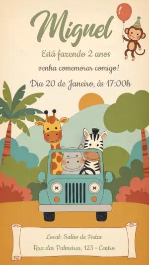 Convite Digital Aniversário Infantil Tema Safari para Editar