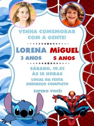 Convite Aniversário Duplo Stitch e Homem Aranha para Editar