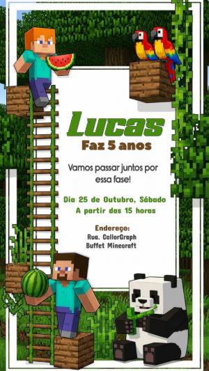 Convite de Aniversário Minecraft com Personagens para Editar