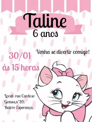 Convite Aniversário Gatinha Marie Fofo para Editar Online