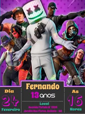 Convite Aniversário Fortnite com Personagens para Editar Online