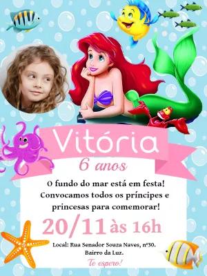 Convite Aniversário Pequena Sereia com Foto para Editar