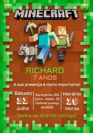 Convite de Aniversário Minecraft com Personagens para Editar