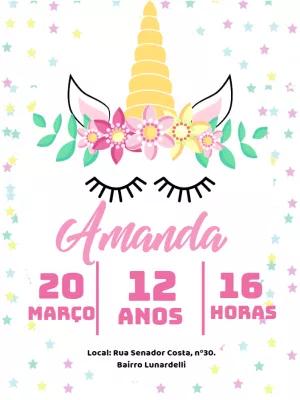 Convite de Aniversário Unicórnio Floral para Editar Online