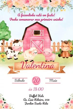 Convite Aniversário Fazendinha Rosa com Animais para Editar