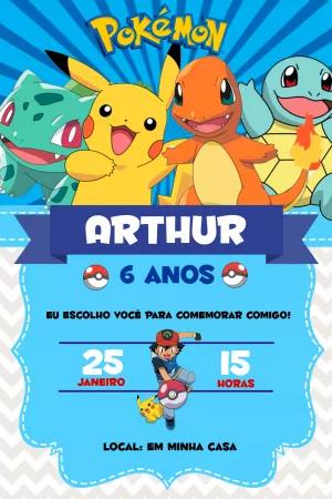 Convite de Aniversário Pokémon com Personagens para Editar Online