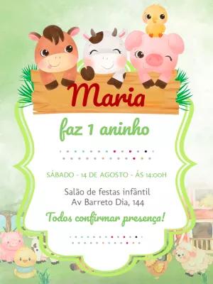 Convite Aniversário Fazendinha com Animais Fofos para Editar