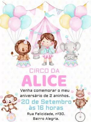 Convite Aniversário Circo Rosa com Animais para Editar Online