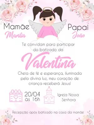 Convite Batizado Menina Anjinha Rosa para Editar Online