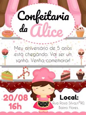 Convite Aniversário Confeitaria com Menina para Editar Online