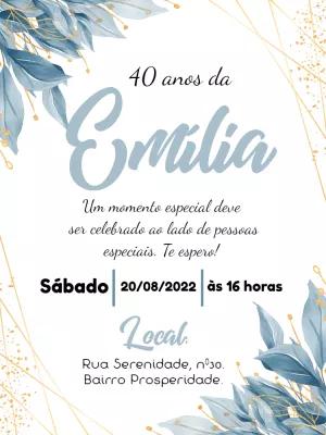 Convite de Aniversário Floral Azul e Dourado para Editar Online