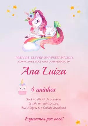 Convite de Aniversário Unicórnio Mágico para Editar Online