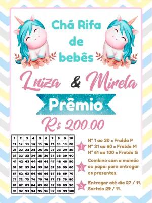 Convite Chá Rifa Gêmeas Unicórnio para Editar Online