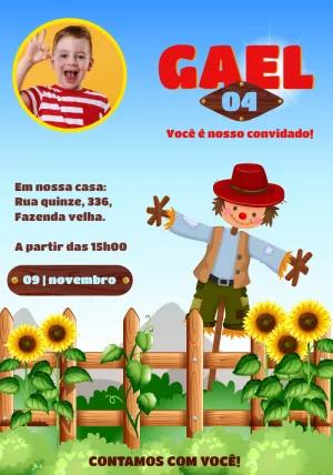 Convite Aniversário Espantalho com Foto para Editar Online
