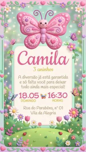 Convite de Aniversário Jardim das Borboletas 3D Editável