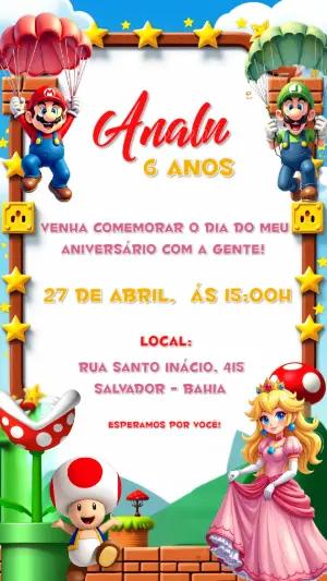 Convite de Aniversário Super Mario e Turma para Editar Online
