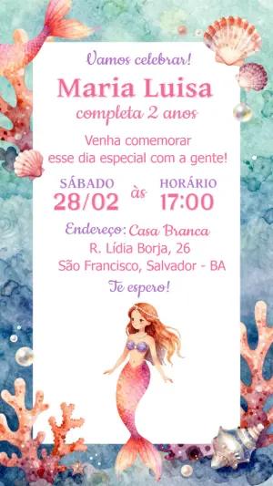 Convite de Aniversário Sereia Aquarela para Editar Online