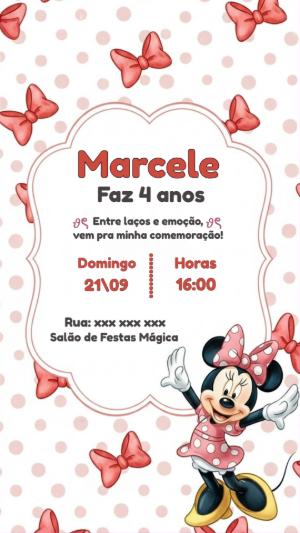 Convite Aniversário Minnie Rosa com Laços para Editar Online