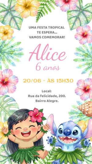 Convite Digital Festa Lilo e Stitch Aquarela para Editar