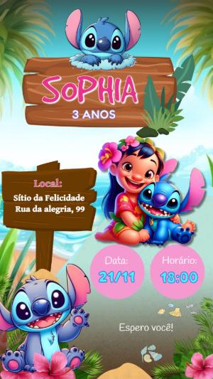 Convite Animado Lilo e Stitch para Aniversário Infantil Editável