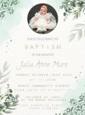 Elegant Greenery Baptism Invitation with Photo - Editable Template