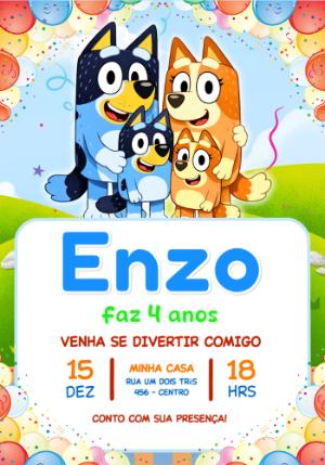 Convite de Aniversário Bluey e Família Colorido para Editar