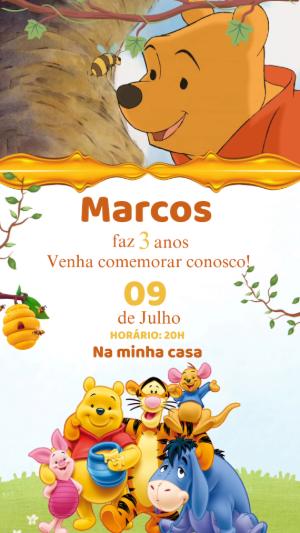 Convite Animado Aniversário Ursinho Pooh para Editar Online