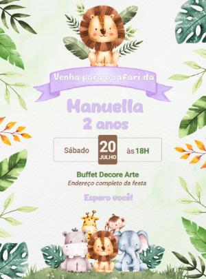 Convite Aniversário Safari com Animais Fofos para Editar Online