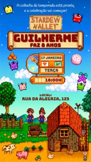 Convite Aniversário Stardew Valley Pixel Art Modelo Editável