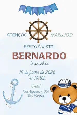 Convite Digital Aniversário Ursinho Marinheiro Editável