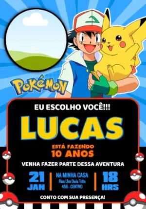 Convite de Aniversário Pokémon com Ash e Pikachu para editar