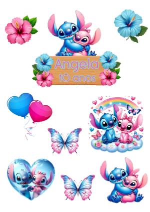 Topper de Bolo Stitch e Angel Aniversário para Editar
