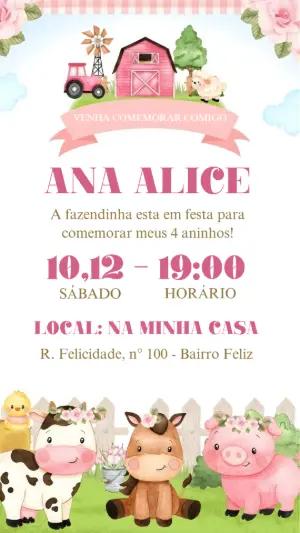 Convite Aniversário Fazendinha Rosa para Editar Online