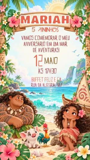 Convite de Aniversário Moana: Modelo Digital para Editar