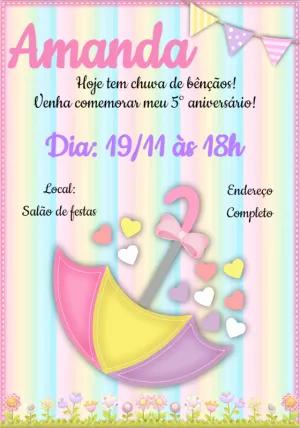 Convite Editável Online Aniversário Tema Chuva de Amor