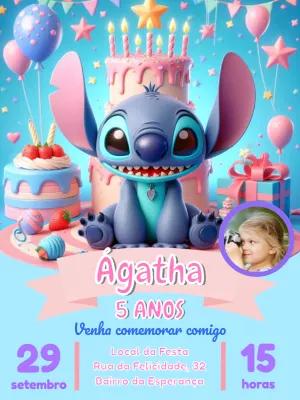 Convite Aniversário Stitch com Foto para Editar Online