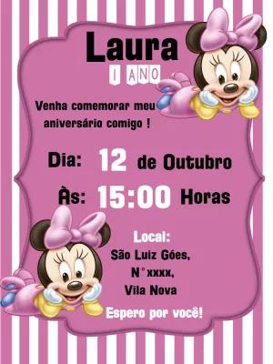 Convite Aniversário Minnie Baby Rosa para Editar Online