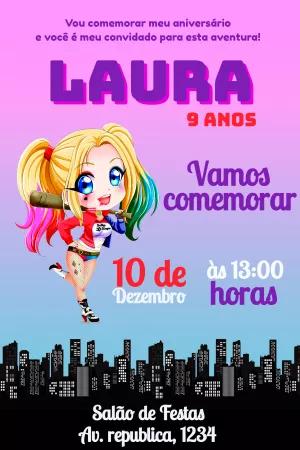 Convite Aniversário Arlequina Editável para Personalizar