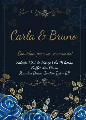 Convite de Casamento Floral Azul e Dourado para Editar Online