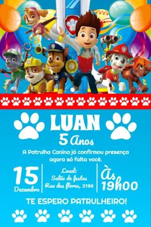 Convite Aniversário Patrulha Canina com Personagens para Editar
