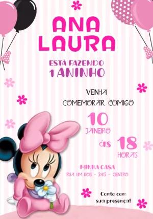 Convite Aniversário Minnie Baby Rosa para Editar Online