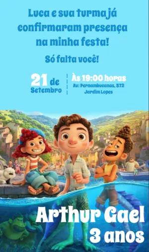 Convite de Aniversário Luca com Personagens para Editar Online