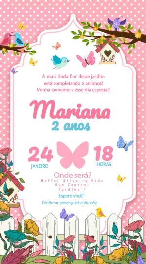 Convite Aniversário Jardim Encantado com Pássaros para Editar