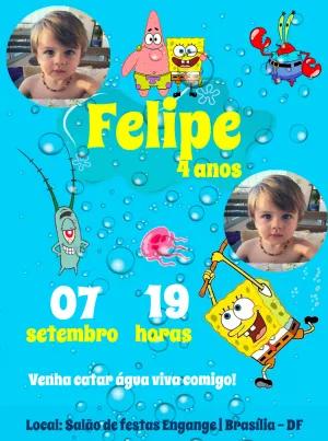 Convite Aniversário Bob Esponja com Foto para Editar Online