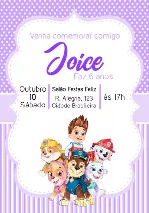 Convite de Aniversário Patrulha Canina Lilás para Editar Online