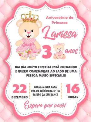 Convite Aniversário Ursinha Princesa para Editar Online