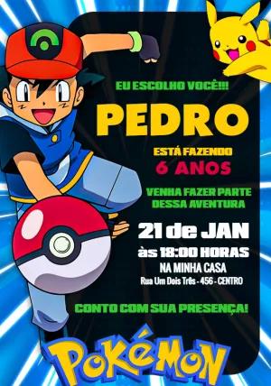 Convite de Aniversário Pokémon com Ash para Editar Online