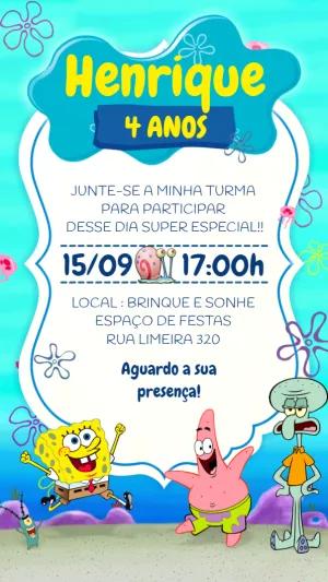 Convite Aniversário Bob Esponja e sua Turma para Editar Online