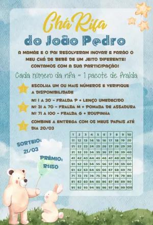 Convite Chá Rifa de Ursinhos para Editar Online