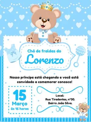 Convite Chá de Fraldas Ursinho Príncipe para Editar Online